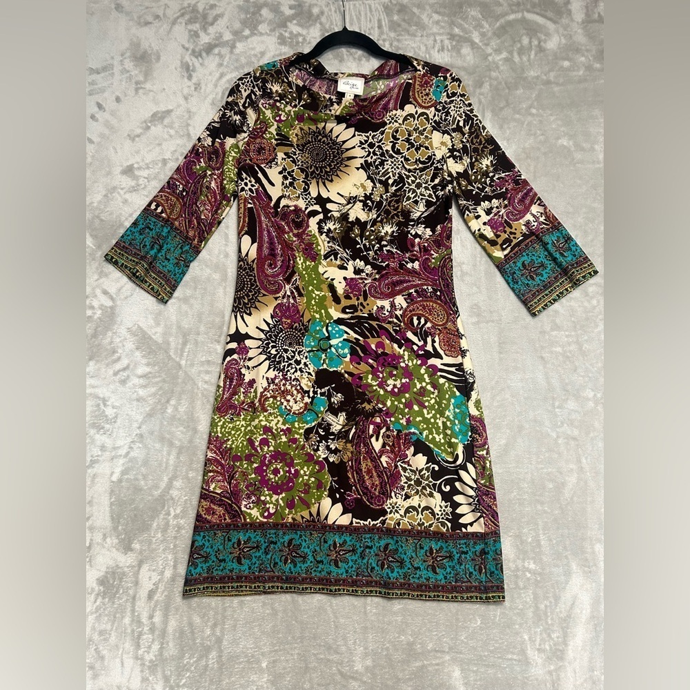 Beige By Eci Midi 3/4 Sleeve Stretch Dress Women’s 4 Floral Purple Teal